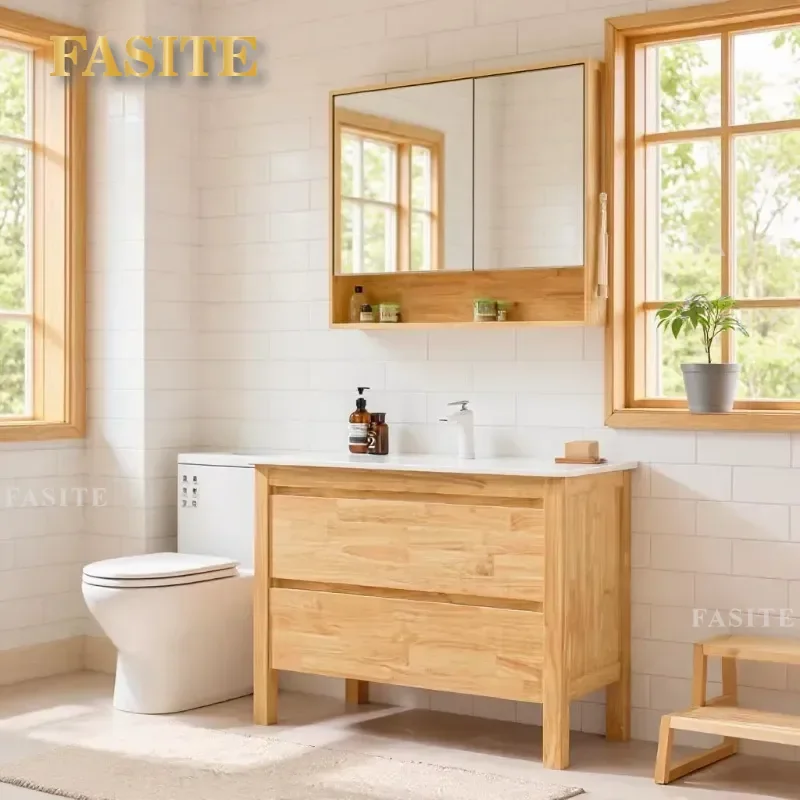 For Nordic Japanese Style Solid Wood Bathroom Cabinet Floor Standing Washstand with Basin Log Vanity Unit Storage Combo