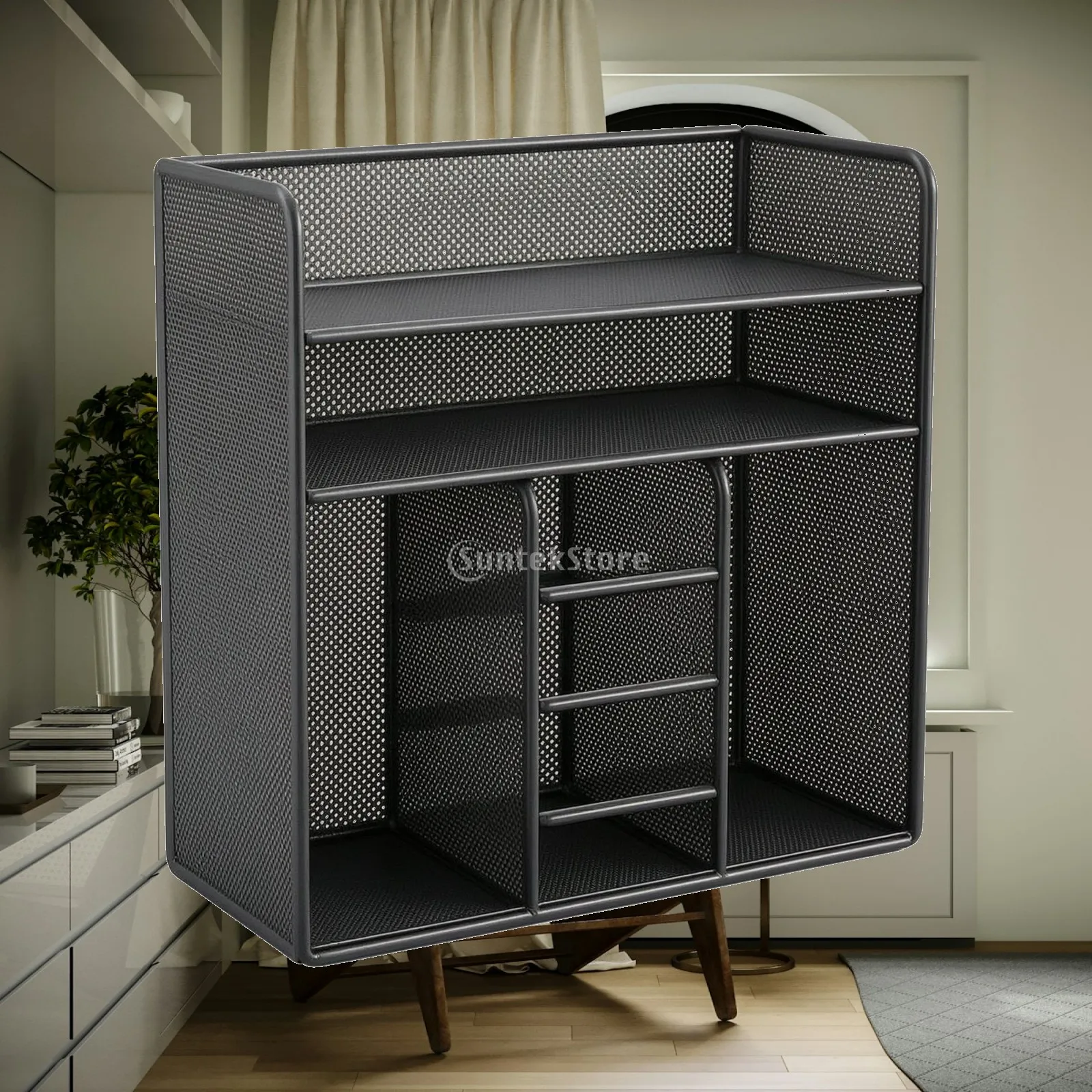 Iron Desk Storage Rack with Pen Holder Multi-Compartment Metal Mesh Desktop Shelf with Compartments Desktop Storage Rack