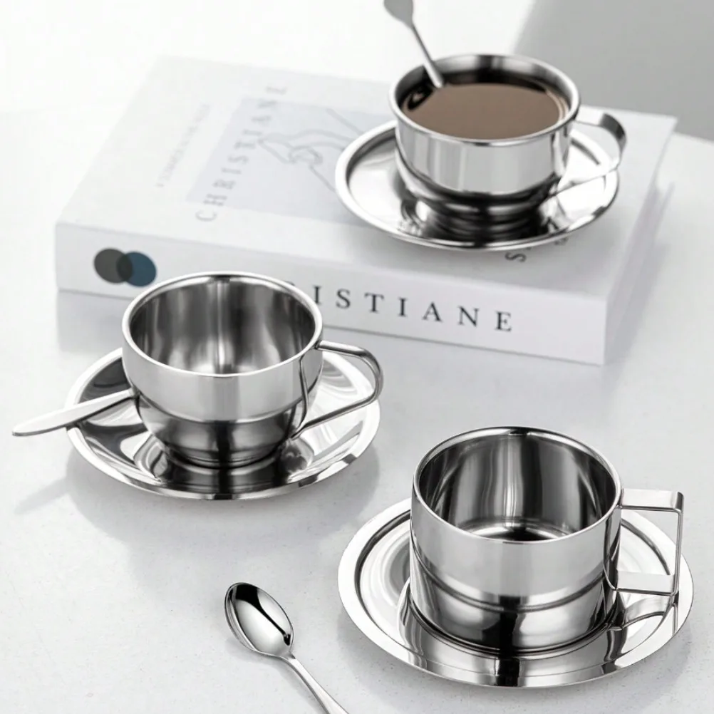 Juego tazas acero inoxidable 3 piezas, juego tazas café Milán con banja cuchara, juego tazas acero