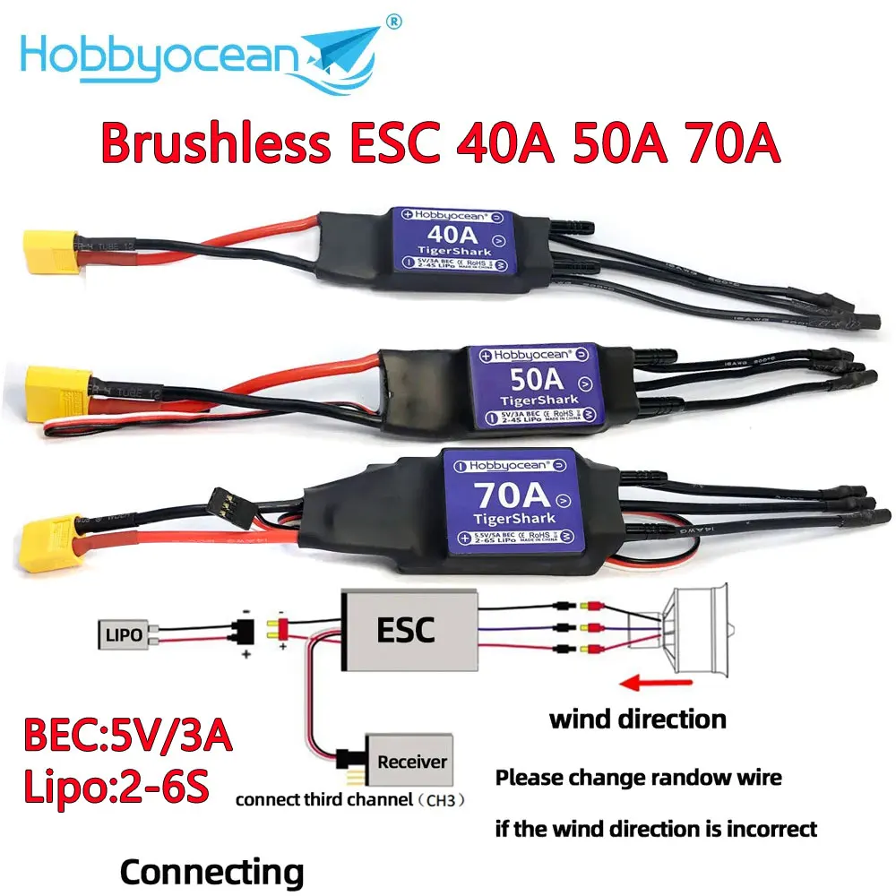 Hobbyocean Waterproof Brushless ESC 40A 50A 70A Electronic Speed Controller   5V/3A 2-6S for RC Boat 400-1000mm RC Fishing Bait