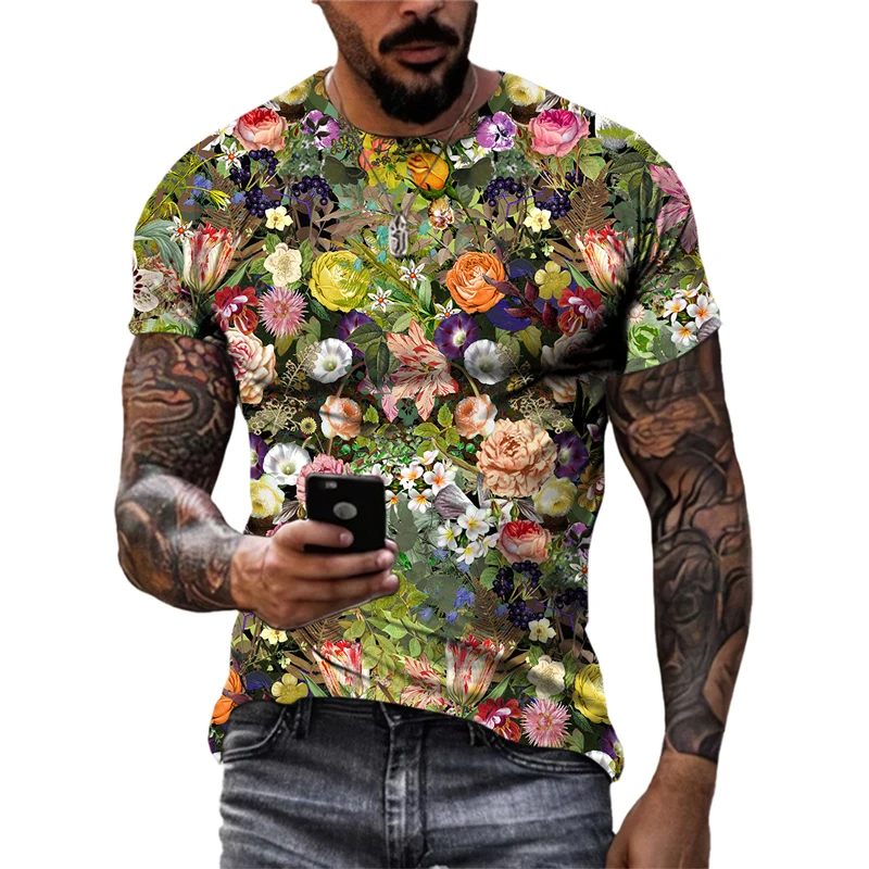 Fashion Beautiful Personality Plant Flowers Unisex T-shirts Summer 3D Street Style Trend Men Round Neck Short Sleeve Print Tees