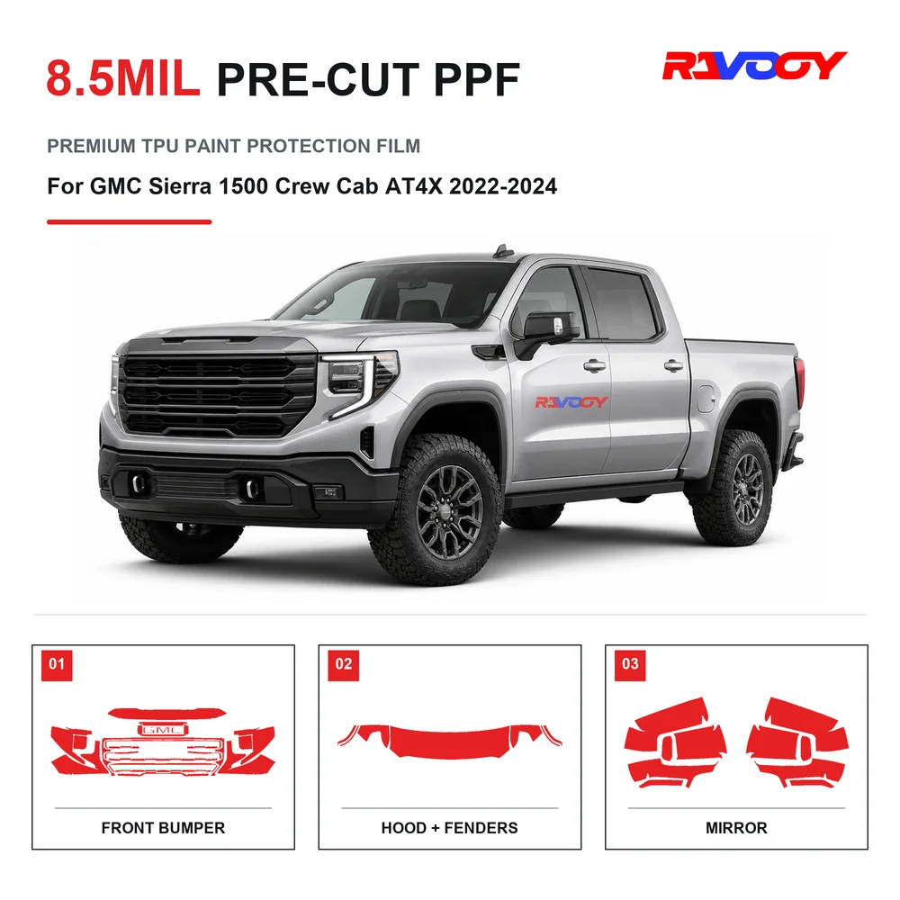 Precut PPF For GMC Sierra 1500 Crew Cab AT4X 2022-2024 8.5mil TPU Clear Paint Protection Film Self Healing Hydrophobic UV