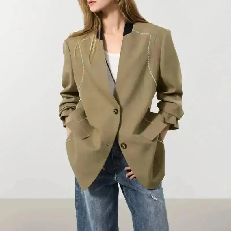 Chaqueta Blazer de Diseño Vintage BJTZ para Mujer, Primavera-Otoño 2025, Nueva, Holgada, Versátil, para Oficina, Abrigo Femenino