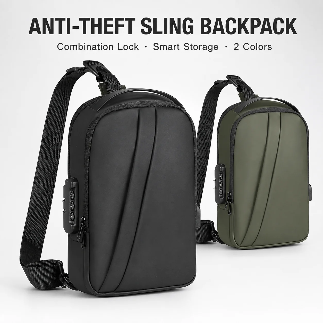 Men Anti Theft Sling Backpack with Combination Lock USB Port, Water Resistant Crossbody Chest Bag for Travel and Commuting