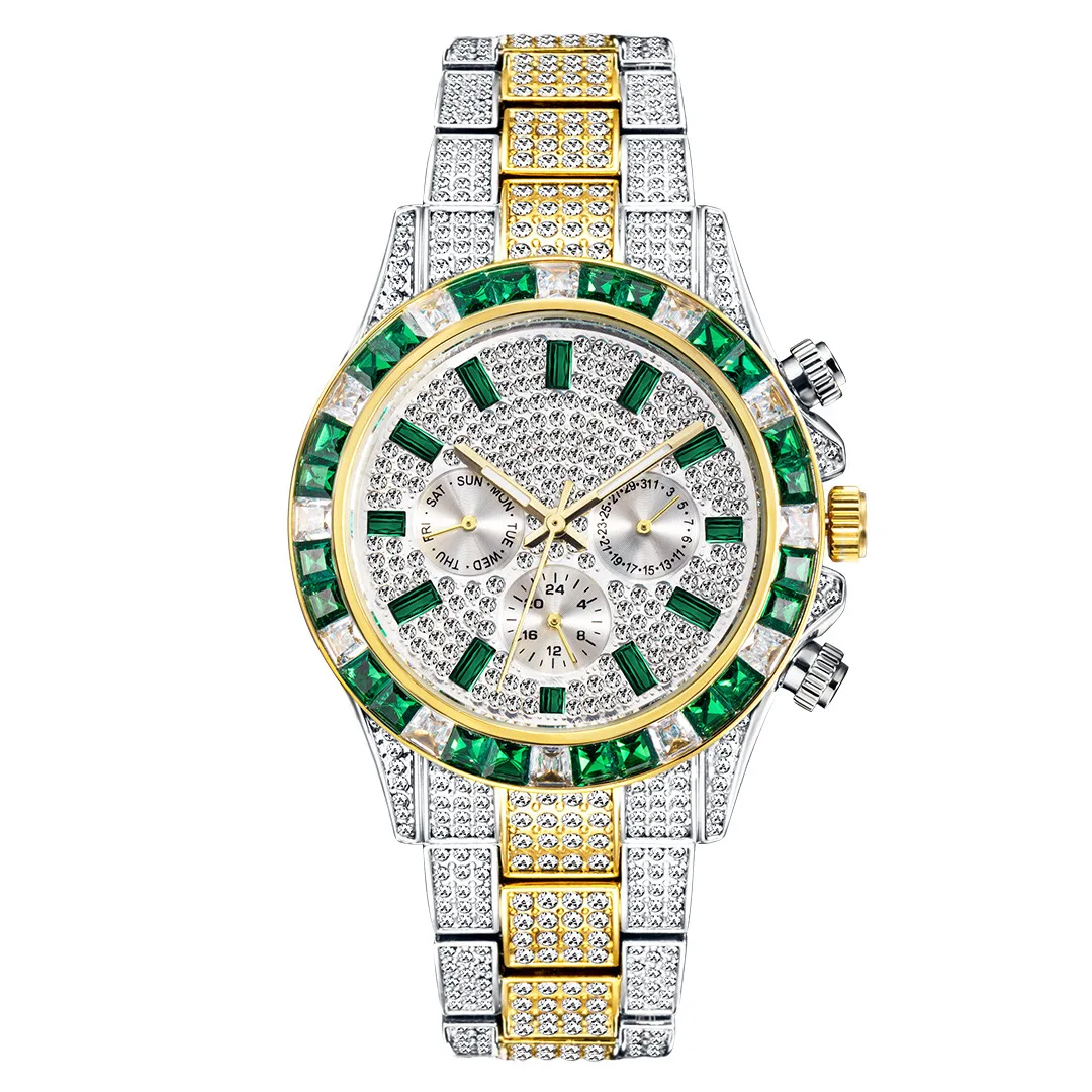 

New Luxury Icy Out Men's Watches Hip Hop Full Diamond Gold Green Quartz Wristwatch Waterproof Steel