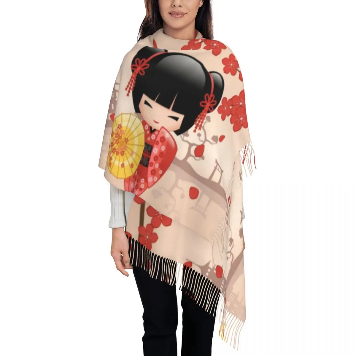 Custom Print Japanese Red Sakura Kokeshi Doll Scarf Women Men Winter Fall Warm Scarves Cute Girly Cherry Blossom Shawls Wraps