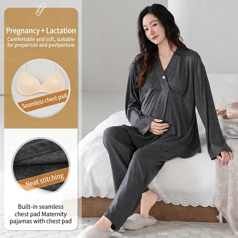 

Maternity Nursing Pajama Sets with Chest Pad Modal Labor Delivery Pjs Long Sleeve Trouser Suit Breastfeeding Pregnancy Sleepwear