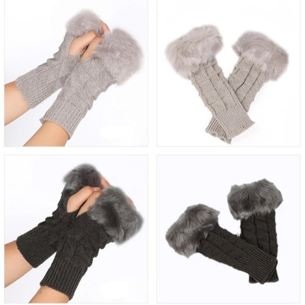 New Faux Fur Half Finger Gloves Warm Elastic Cuff Knitted Fingerless Gloves Thickened Furry Lining Touchscreen Gloves Outdoor