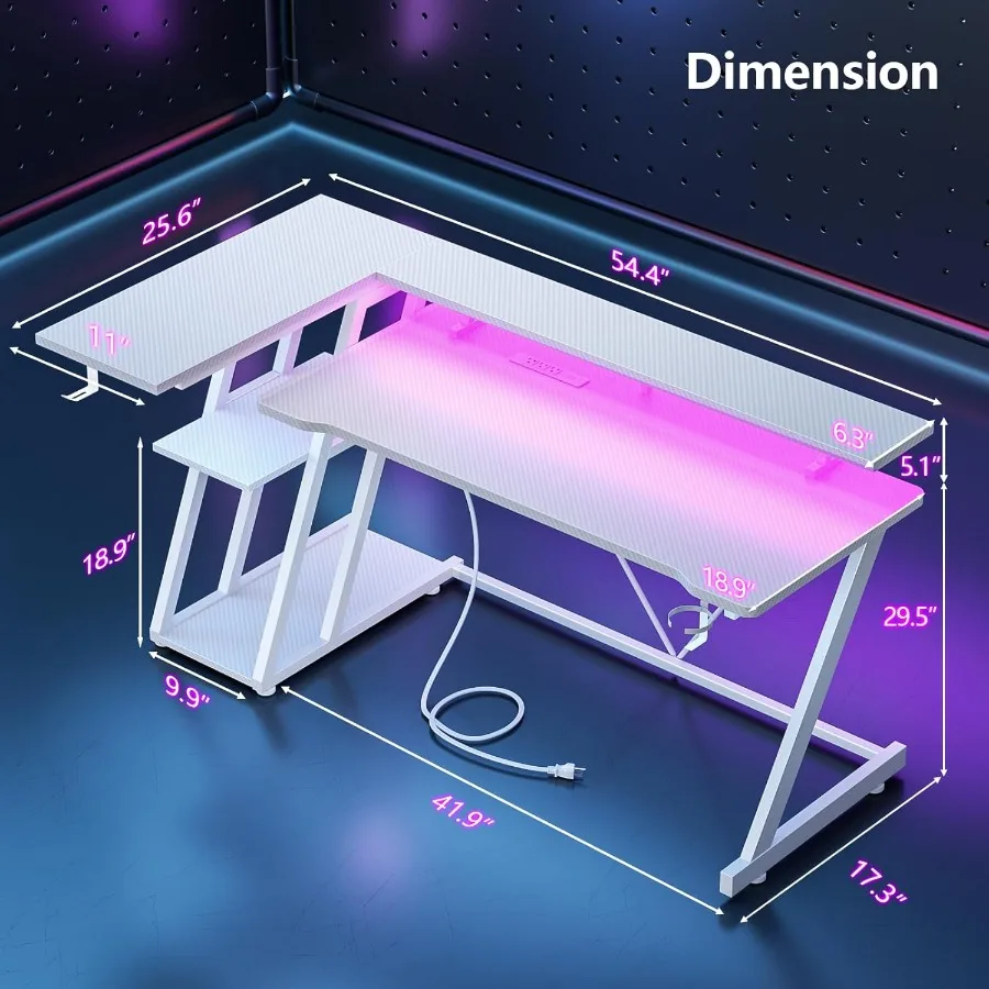 مكتب ألعاب أبيض مقاس 55 بوصة مع مخرج طاقة وأضواء LED مكتب كمبيوتر على شكل حرف L يتميز بأرفف تخزين من 3 طبقات قابلة للعكس #2