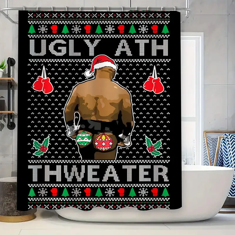 Ugly Christmas Sweater Shower Curtain, Boxing Theme Santa Hat Gloves, Festive Bathroom Decor, for Christmas Party