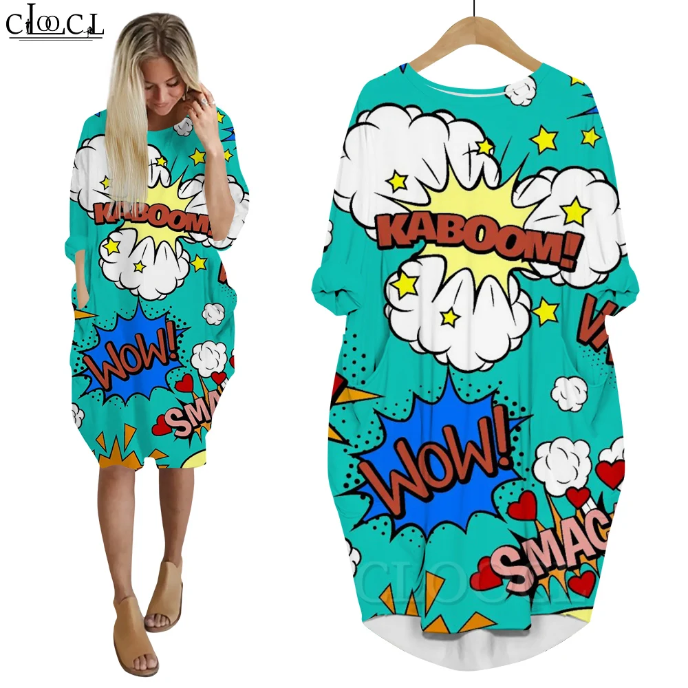 CLOOCL Harajuku Dress Long Sleeve Autumn Spring New Casual Pullover Skirt Fashion Club Clothing Comic Style Print Baggy Dress