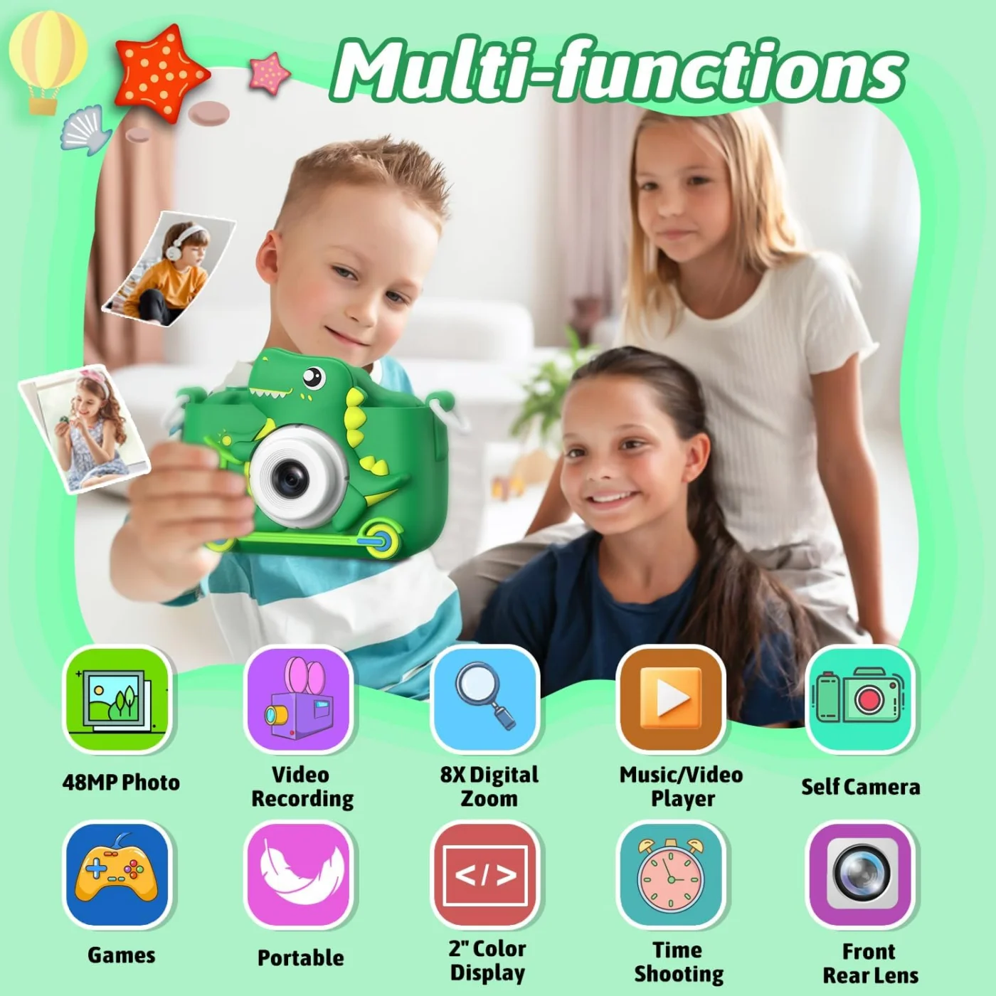 INOCTI Cámaras para niños, serie de dinosaurios, cámara de vídeo digital para niños pequeños, juguetes para regalos de cumpleaños de Navidad
