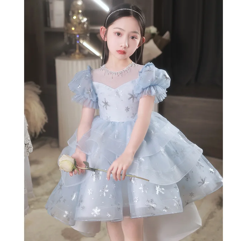 Robe à fleurs en dentelle pour enfants, robe de Rhpour enfants, paillettes de flocon de neige, perles, queue mate, fête d'anniversaire, occasions spéciales