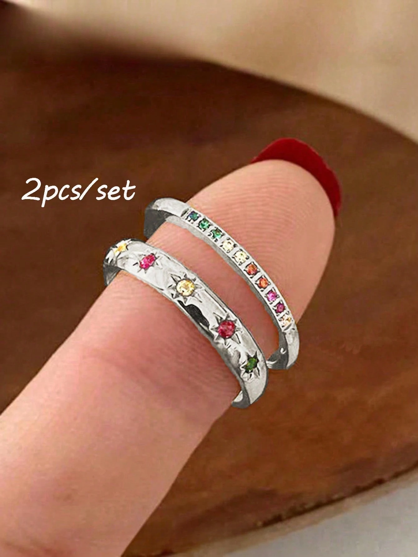 

2pcs/Set Colorful Cubic Zirconia Gold-Tone Waterproof Star Rings Set, Jewelry Gift