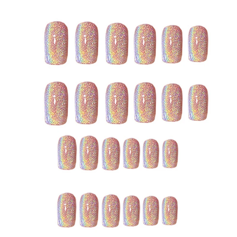 24PCS Shiny Rainbow Fake Nail Sweet Style Save Time Long Finished Nail Piece B99