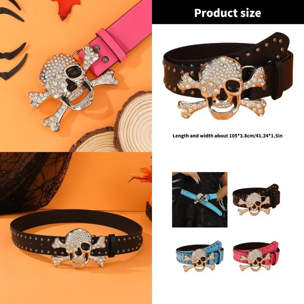 

652F Rhinestones Skull Buckle Belt Cool Waist Belt for Jeans Pants Waist Decoration