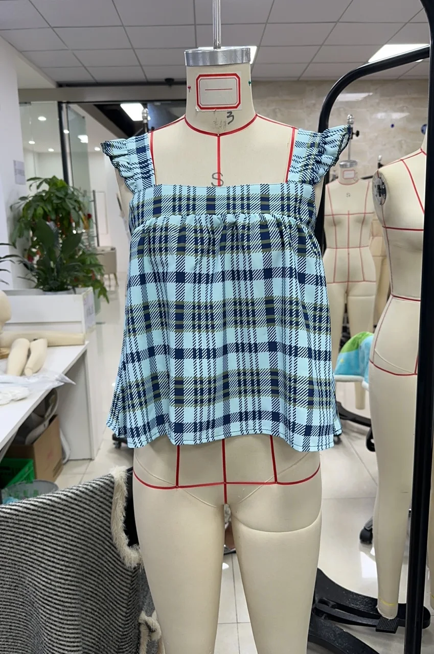 

Women Babydoll Tank Tops Plaid/Flower Square Neck Flying Sleeve Backless Ruffle Shirts Casual Summer Clothes