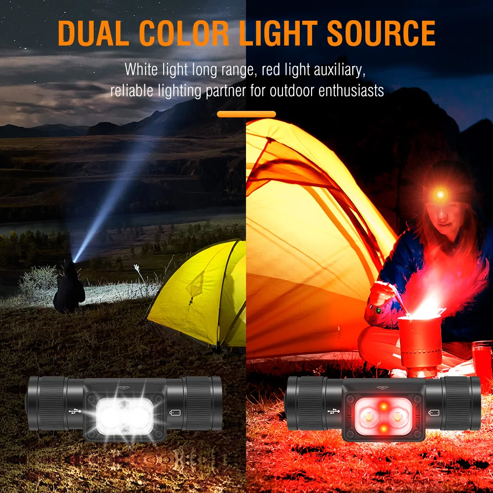 BORUiT HP340 Super Bright LED Headlamp 18650 Battery Type-C Rechargeable Headlight Waterproof Fishing Head Torch Camping Lantern