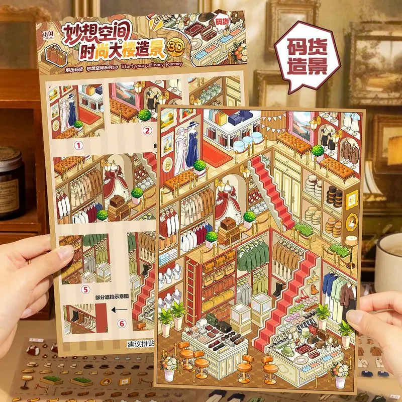 5Pcs Micro Landscape PET Stickers, Multi-story Clothing Store Scene Decals for Diary Planner Handmade Decor