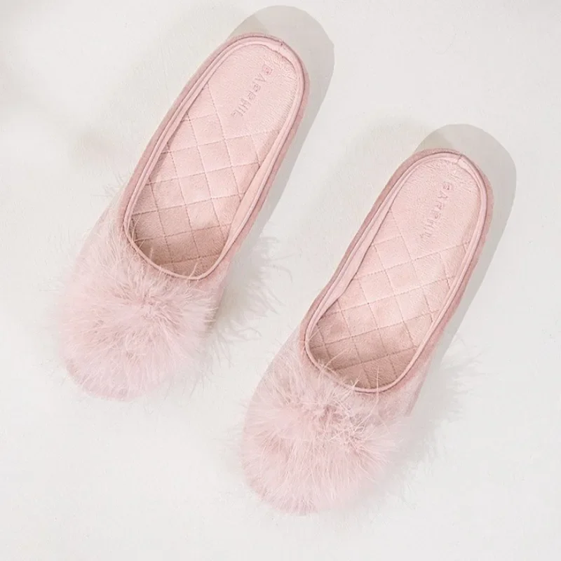 ريشة شعري تزيين شبشب منزل دافئ النساء الراحة الساتان شقة مصمم حذاء خفيف الوزن عدم الانزلاق نعال من القطن السيدات