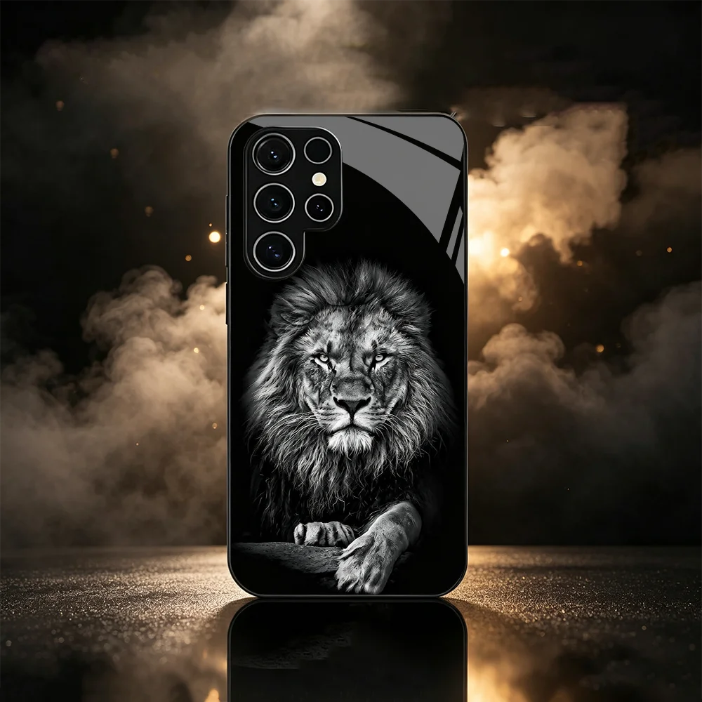 High end Black Lion Phone case s26 ultra case Glass phone case for Samsung Galaxy S26/S25/S24/S23/S22 FE Ultra Plus Shockproof