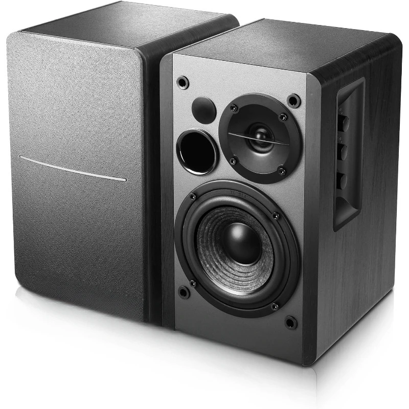 R1280DB Powered Bluetooth Bookshelf Speakers  4 Inch Near Field Speaker - 42W RMS - Wood Grain (Black)