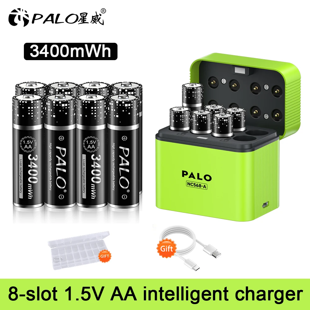 PALO 1.5V Li-ion AA Rechargeable Battery Lithium 3400mWh AA Batteries with 8-channel Fast Magnetic Charger for 1.5V AA