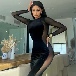 2024 Summer Round Neck Collar Mesh Long Sexy Perspective Elegant Mid Length Dress Sexy Patchork Women Dresses Vestido Plus Size