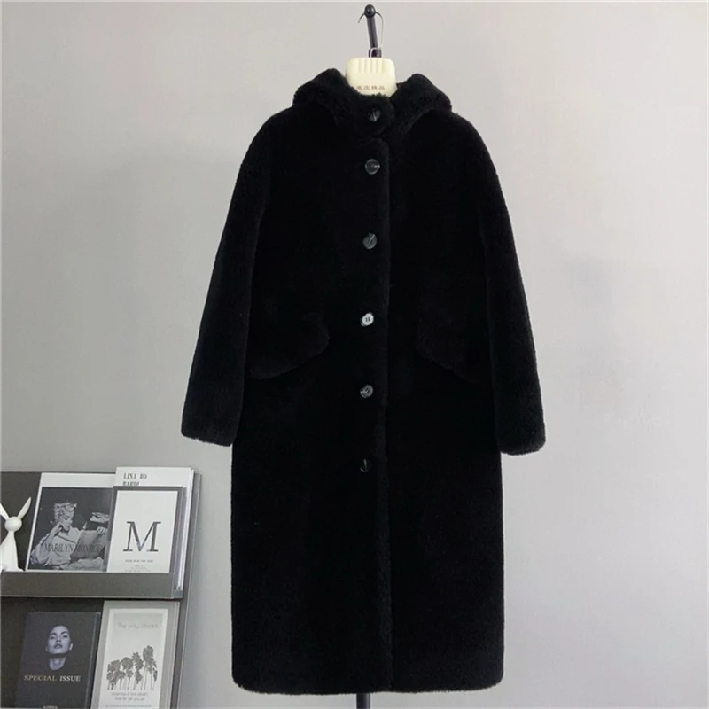 

Female Sheep Shearling Wool Coat Lamb's Hair Hooded Long Parka 2023 Fall and Winter Warm Jacket PT431