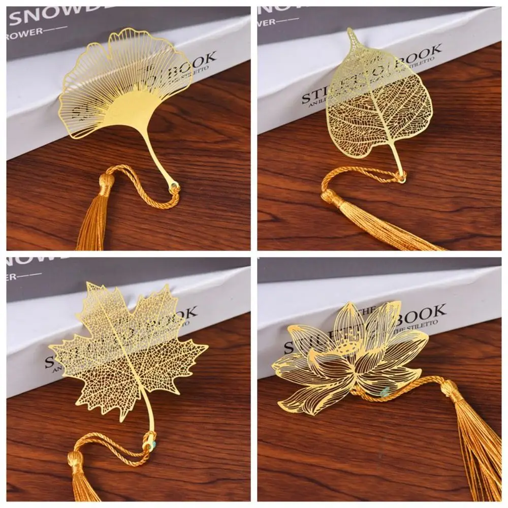 Creative Tassels Hollowed Out Bookmark Leaf Vein Chinese Style Metal Bookmark Book Accessory Lotus Flower Book Clip Gift