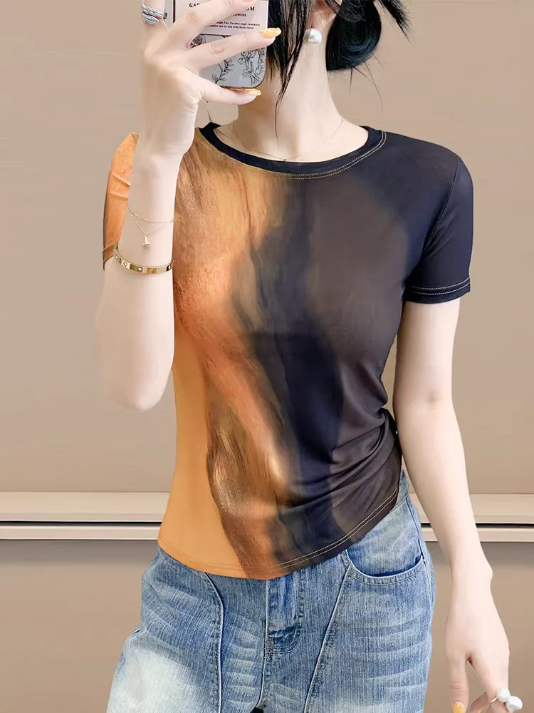 2025 Summer T-shirts Women's Sheer Mesh Floral Positioning Print Slim-Fit Round Neck Chic Top Female Basic Simple Tee