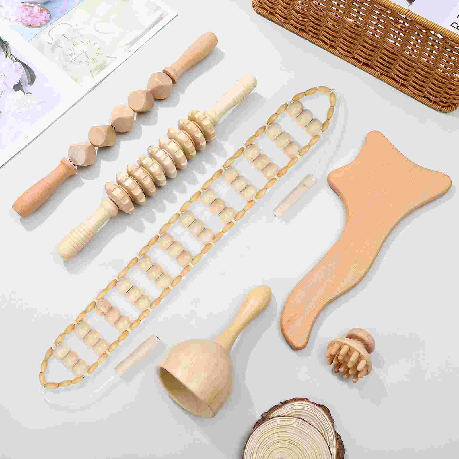 6 ชิ้นไม้ชุดเครื่องมือนวดไม่มีรอยแตกล้อเลื่อน Roller Stick Therapy บรรเทาความเมื่อยล้า Body Shaping การไหลเวียนโลหิต