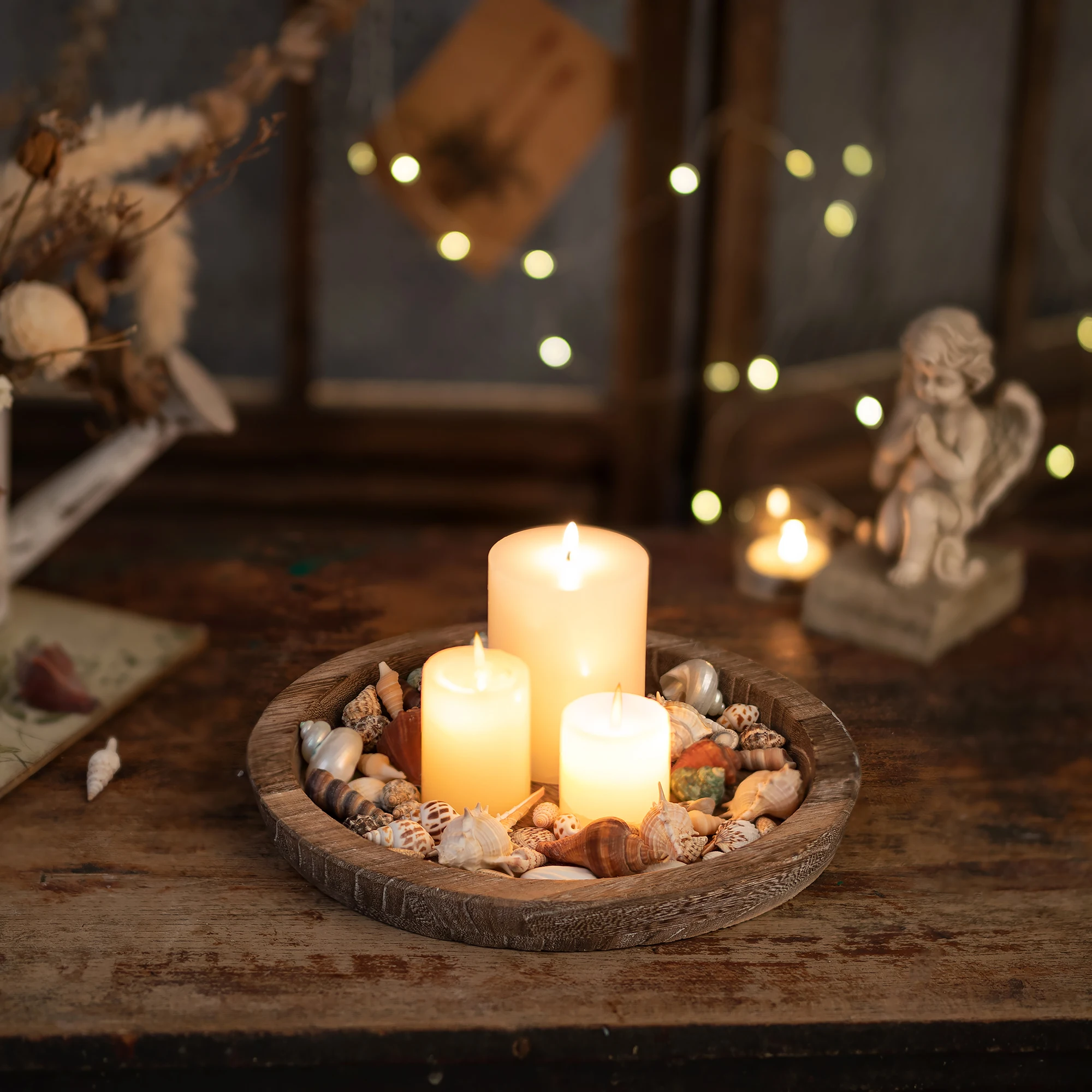 Rustic Wooden Serving Tray: Round Wood Butler Decorative Tray Vintage Centerpiece Candle Holder Trays Farmhouse Ottoman Tray for