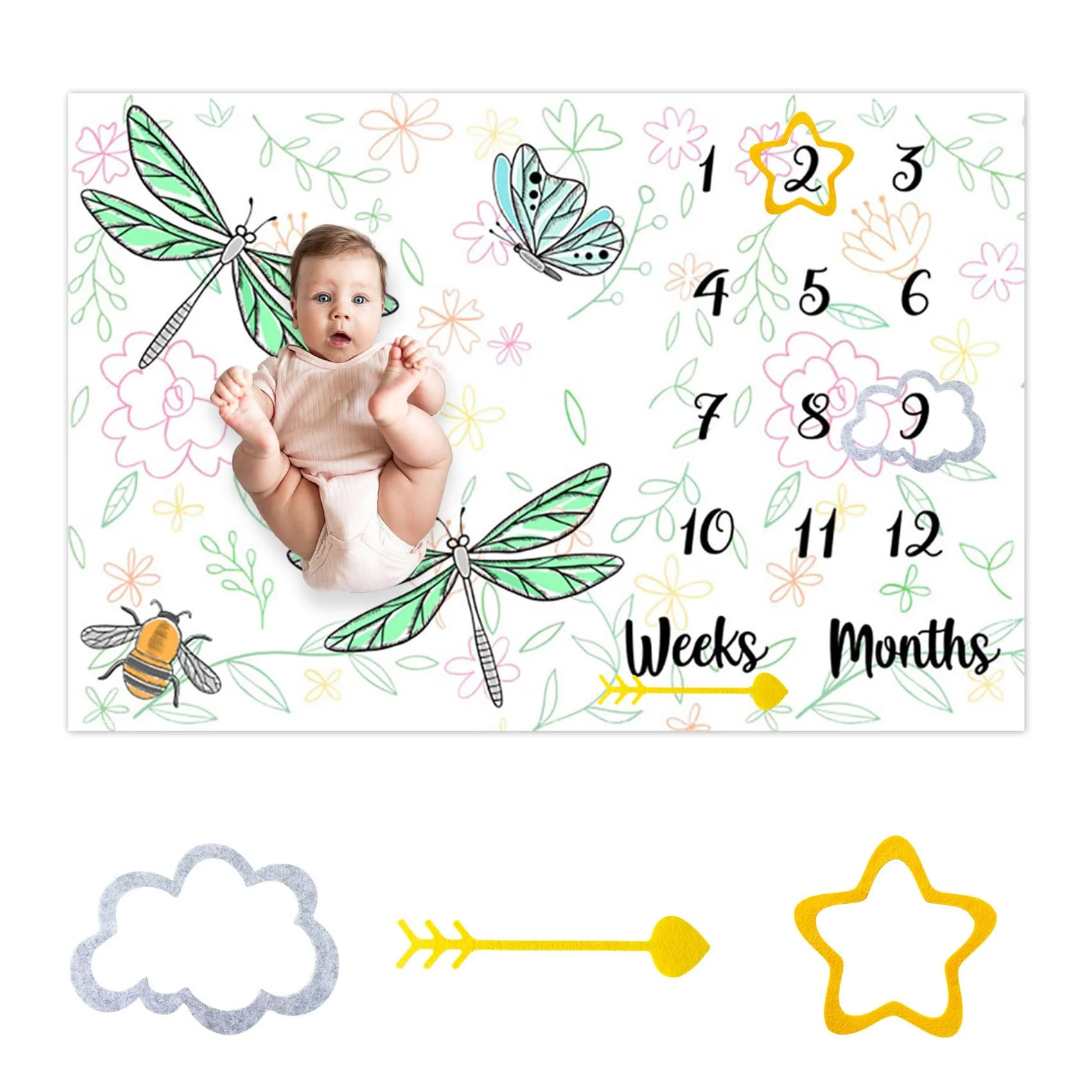 VIKAMA Dragonfly Baby Milestone Commemorative Blanket with Fresh Butterfly Printing Photography Background Newborn Blanket