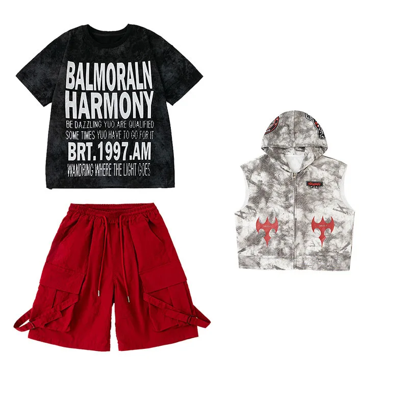 طفل Kpop الهيب هوب الملابس الأبيض طباعة هوديي سترة سوداء إلكتروني تي شيرت أحمر حزام البضائع السراويل لفتاة صبي ملابس رقص الملابس