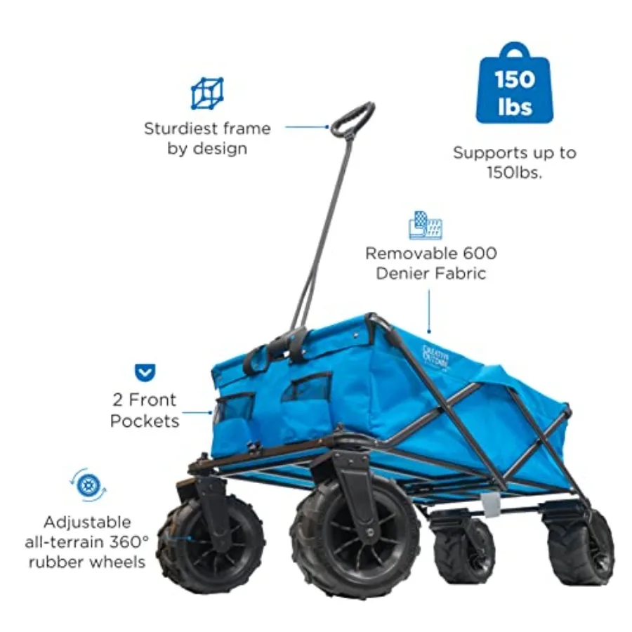 Creative Outdoor Original Folding Wagon with All-Terrain Wheels for Camping, Steel Frame, Black, Heavy-Duty Load Capacity