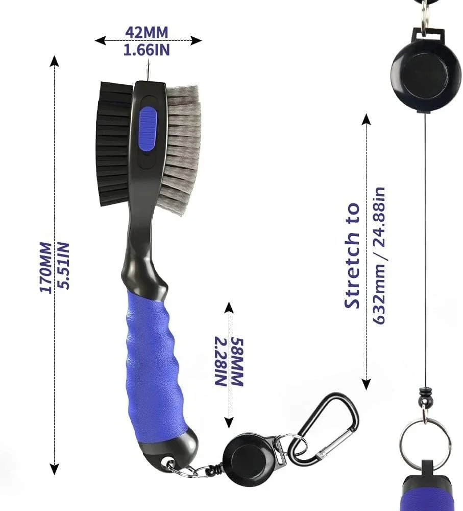 Golf Club Cleaner Golf Club Brushes and Groove Cleaner Retractable Zipline Carabiner Golf Brush Head with Spike Comfortable Grip
