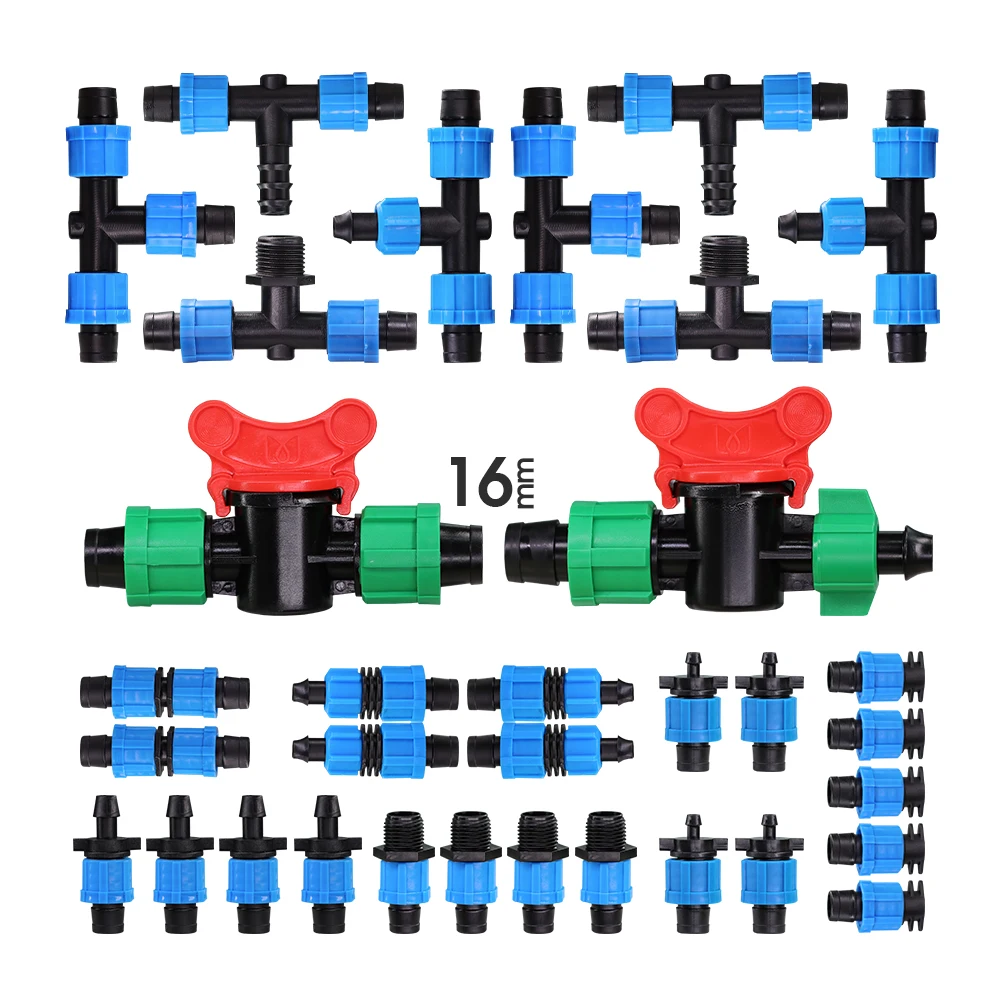 5PCS 16MM Drip Tape Watering Connecters Garden Greenhouse Farm Irrigation Drip Emitter Hose Lock Tee Elbow Equal Coupling Adapte