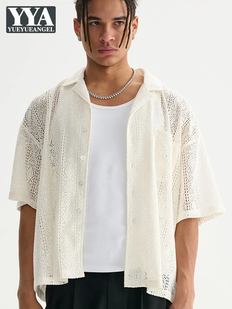 

Summer Men Loose Fit Single Breasted Casual Beach Shirt Breathable Hollow Out Tops Fashion See Through Holiday Shirts Streetwear