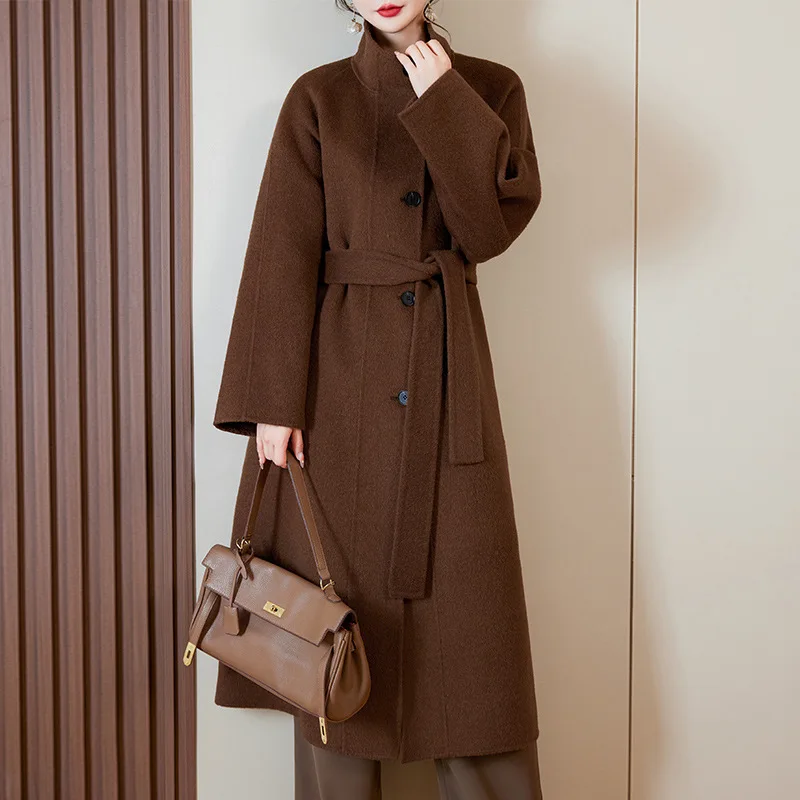 

10% Cashmere+90% Wool Women's Long Woolen Coat 2025 Fall Winter Ladies Stand Collar Lace-up Double-sided Wool Trench Outwear