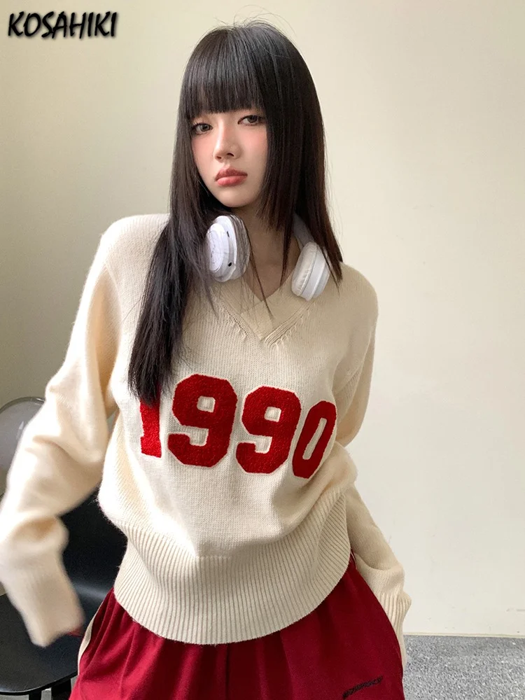 Autumn Y2k Aesthetic Harajuku Letter Patchwork Pullovers Womens Casual Sweater Sweet Vintage Grunge Crop Tops V Neck Streetwear