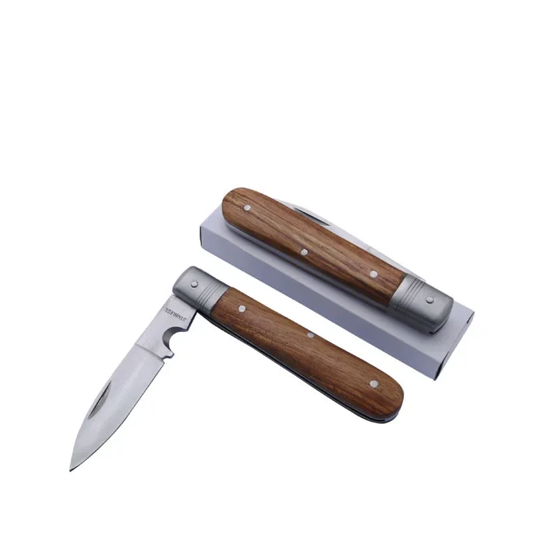 Handmade knife outdoor multi-function stainless steel portable wooden handle folding knife high hardness elastic electric knife