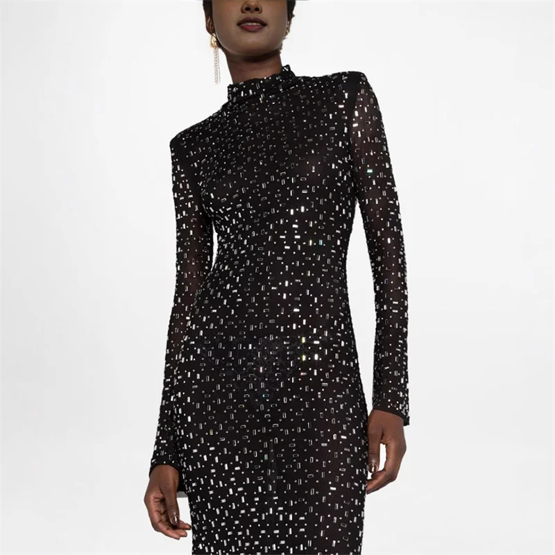 

2025 spring new women's semi-high neck heavy mesh diamond longSleeve dress y2k highQuality fashion highStreet stretch slim dress