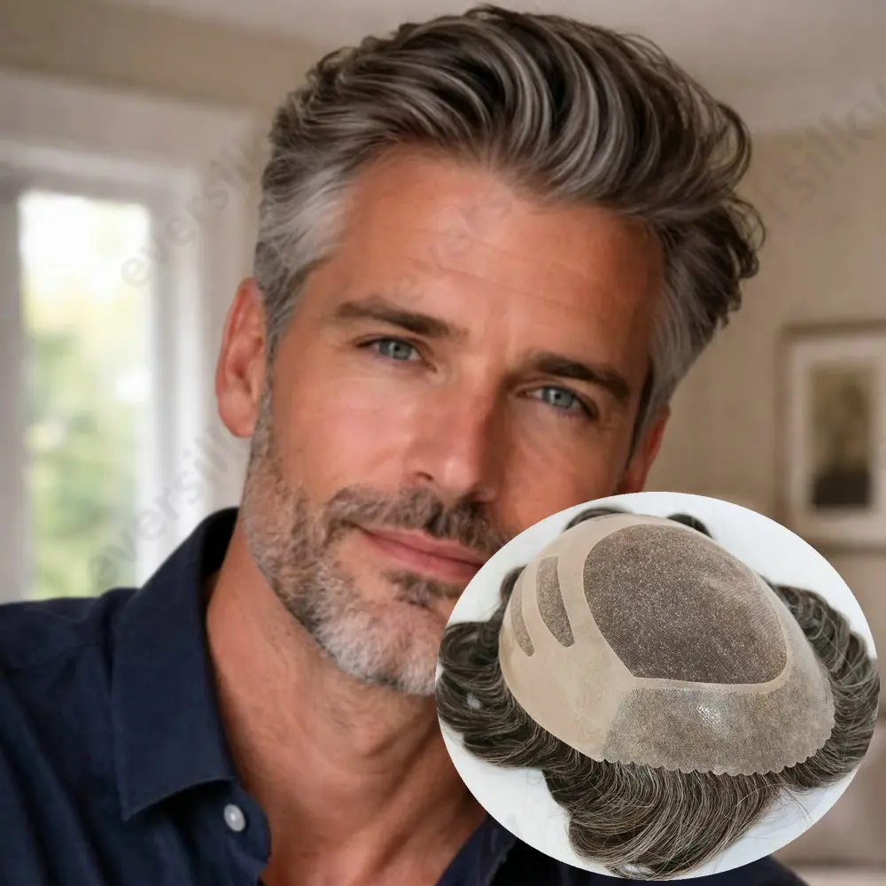 Super haltbares Bond-Toupet für Männer aus indischem Echthaar, feine Mono-NPU-Basis, Haarteil für Männer, Grau1b50 # 565 # Schwarzes Haarsystem – Detail 1