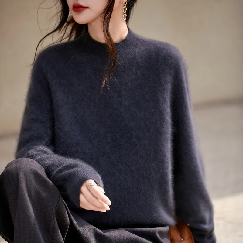 

Autumn And Winter Cashmere Sweater Women's Semi-High Neck Loose Sweater Joker Wool Knitted Bottoming Shirt Thickened