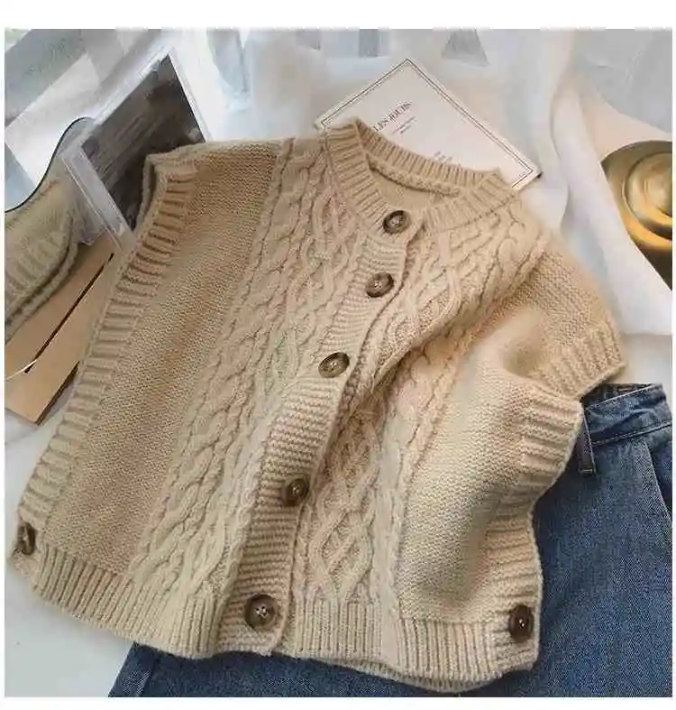 Chunky Cable Knit Sweater Vest Button Down V-Neck Sleeveless Crop Knit Top dla kobiet Teen-girl Casual Outfit