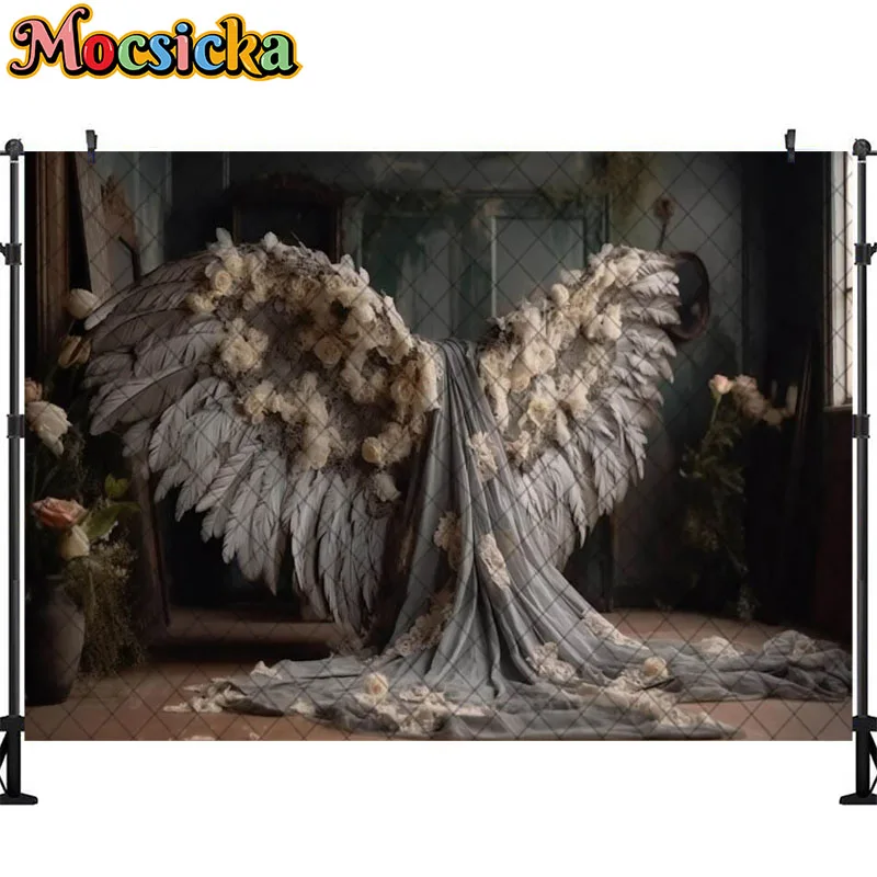 Fondo de fotografía artística con alas de Ángel, decoración de pared de flores rosas, retrato de mujer embarazada, accesorios de estudio fotográfico, Banner