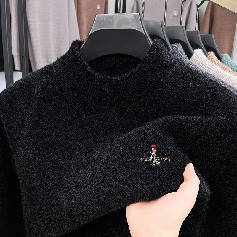 

Light luxury men's knitted round neck sweater high-end brand fashion figure embroidery comfort plush warmth casual golf pullover