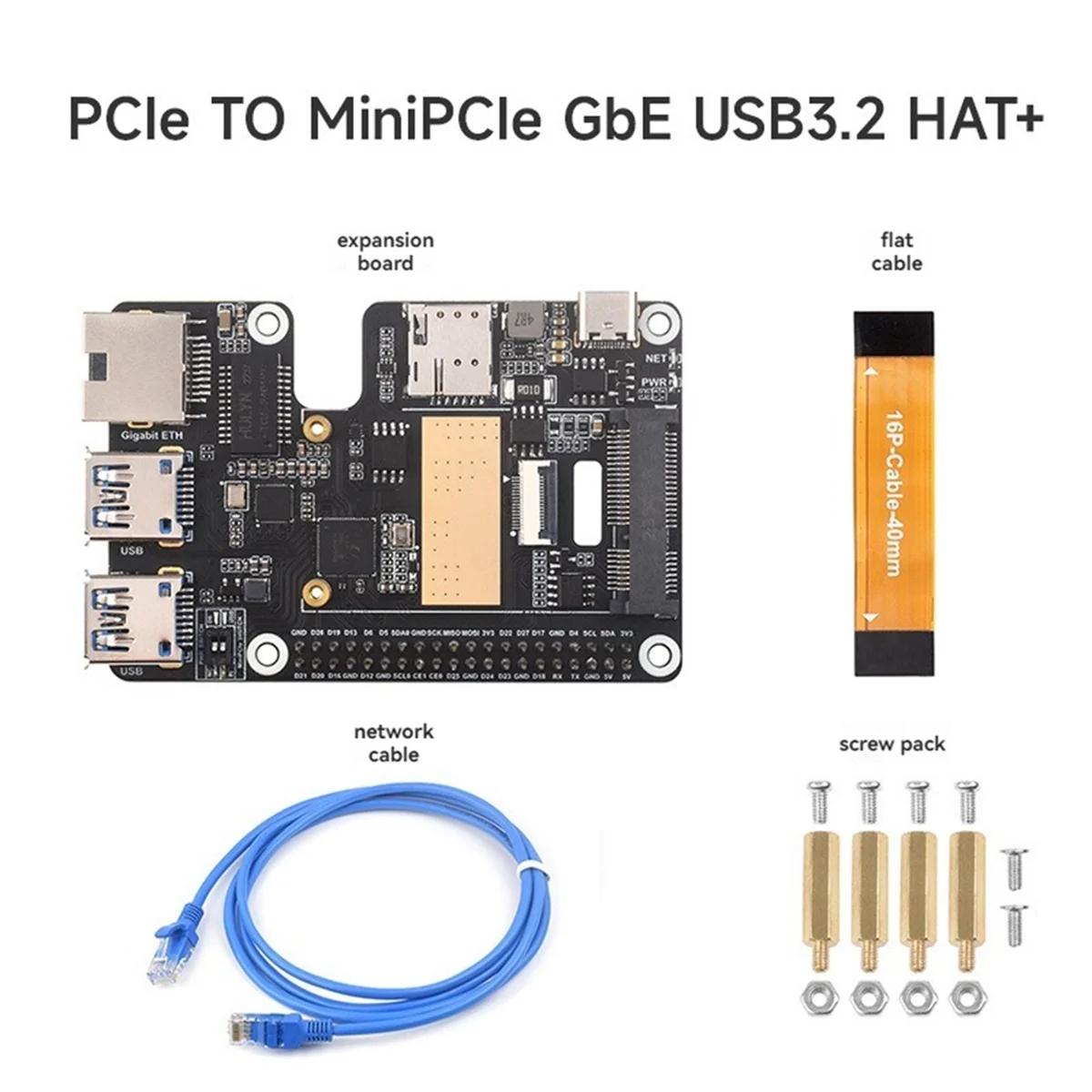 For Raspberry Pi 5 PCle to MiniPCle GbE USB3.2 HAT+ Gigabit Ethernet Supports MiniPCIe Interface 4G Module