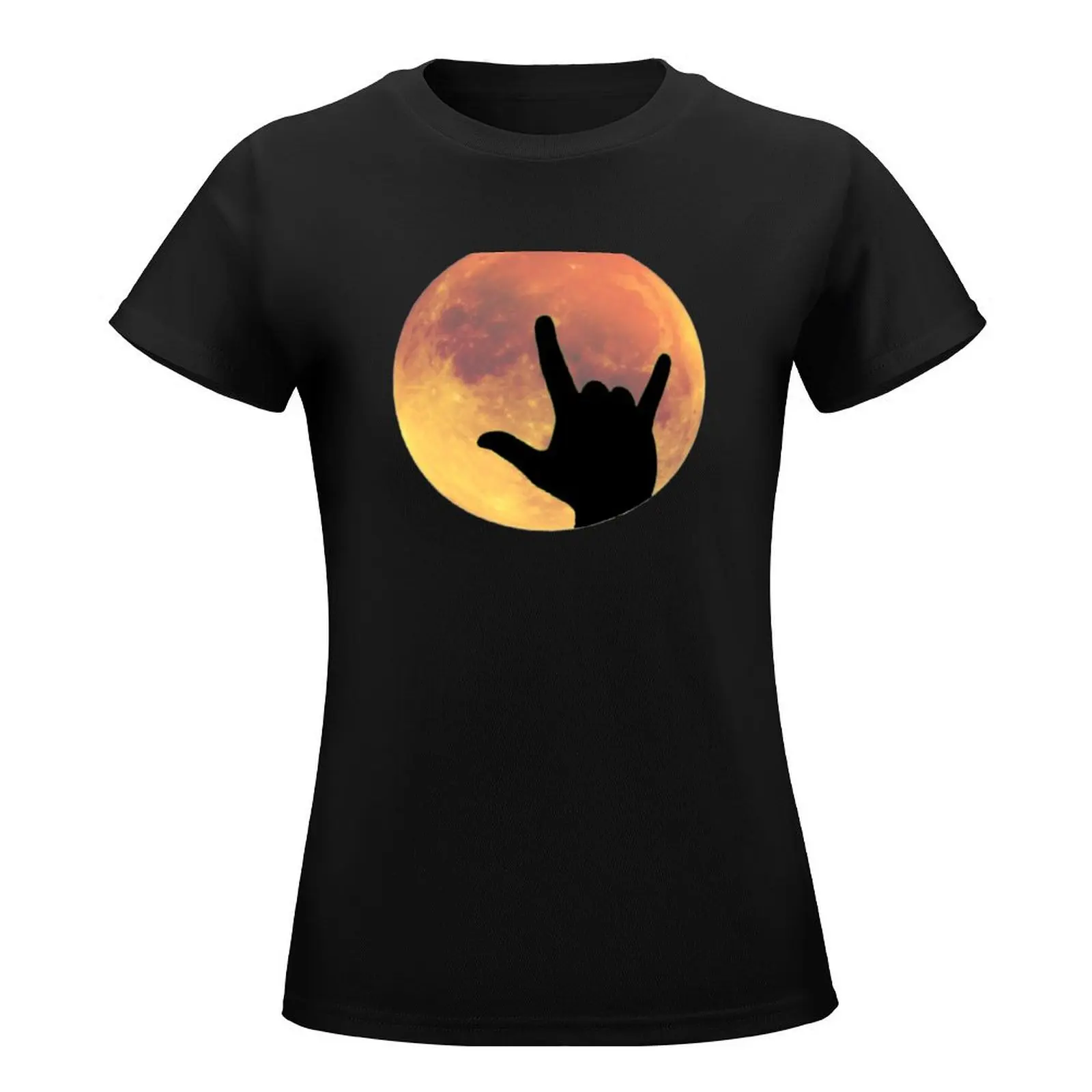 Full Moon with I Love You ASL Sign Language Hands Silhouette T-Shirt customs animal prinfor graphics black t shirts for Women